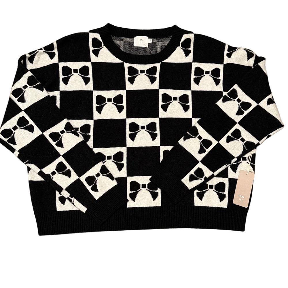 NWT Luna Ivy black white bows sweater sz L